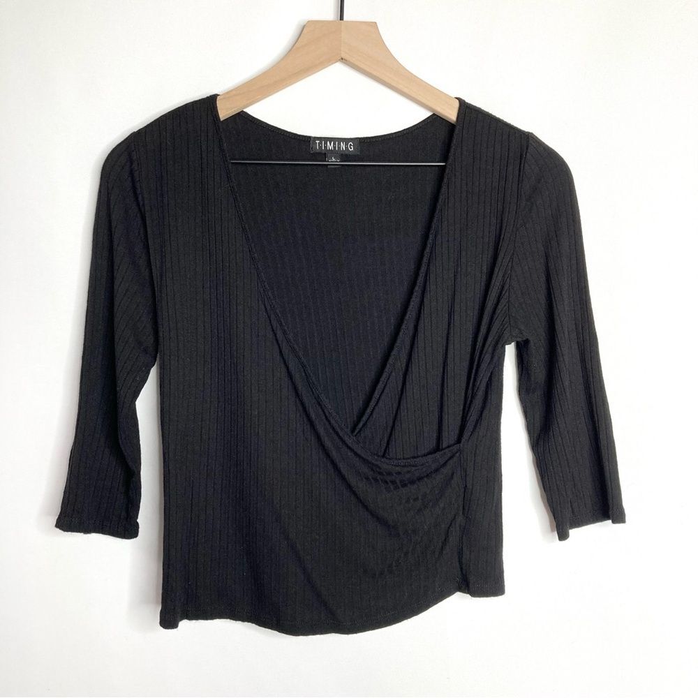 Y2K Timing Black Faux Wrap Crop Top Size Large 3/4 Sleeve